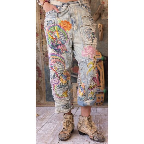 NWT Magnolia Pearl Sea Dragon Applique Miners Denims Faded Indigo Patches OS - Picture 1 of 16